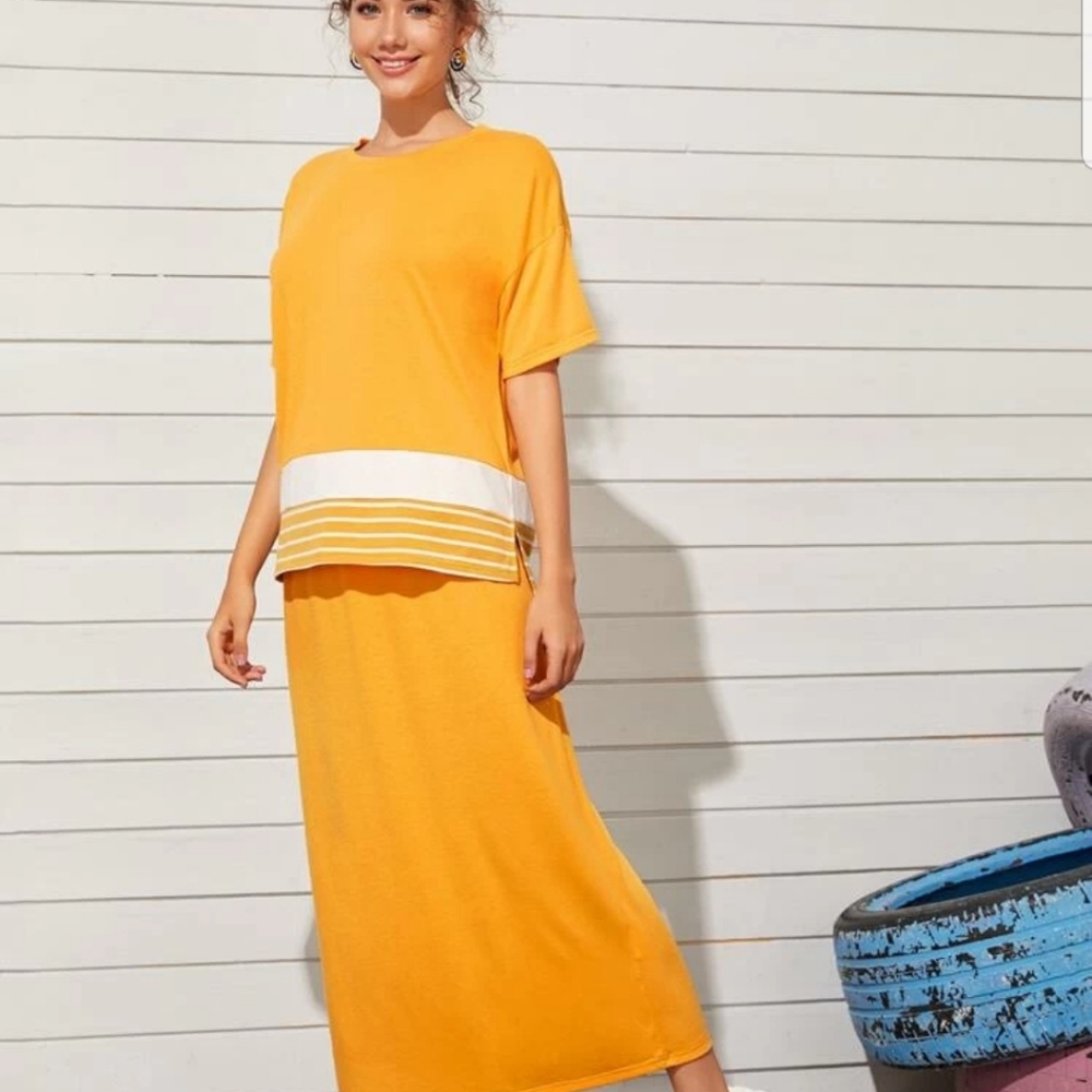 Contrast Striped High Low Top With Skirt